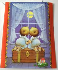 Vtg Christmas Card Twin Angels on Wooden Trunk Looking out Window Christmas Eve picture