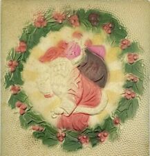 c.1909 Santa With a Cane Sack of Toys Wreath Embossed Antique Christmas Postcard picture