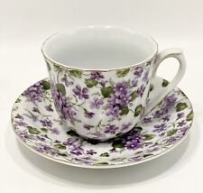Victoria's Garden Violets Teacup & Saucer February Birthday Flower Ceramic Vtg picture