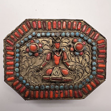 Vintage Nepalese Tibetan Filigree Octagon-Shaped Box-Turquoise+Coral Stones-Old picture