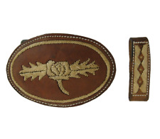 Vintage Leather Wrapped Embroidered Rose Belt Buckle & Loop Fits 1.75