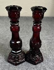 Avon 1876 Cape Cod Glass Candle Holders Ruby Red Set of 2 Empty Gothic Vintage picture