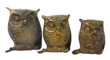 Vintage mid century brass owl sculptures set of 3 figurines paperweight birds picture