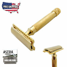 BEARD CUT THROAT BUMP FREE DOUBLE EDGE SAFETY RAZOR + 5 ASTRA SHAVING BLADE GOLD picture