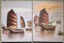 Set of 2 (two)Vintage Chinese Junk Boat P. WONG (PETER WONG) Oil on Canvas  Ship picture