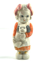 CUTE vtg Porcelain Bisque Young Girl with Puppy Dog Statue JAPAN doll picture