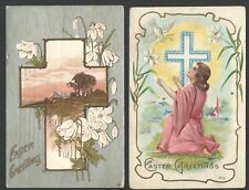 2 Vintage EASTER Postcards 1912 Cross w/ Scenic Center Girl Kneeling NASH 1910 picture