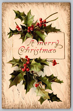 A Beautiful Antique Embossed Christmas Postcard (Holly & Berries Artwork) c1910 picture