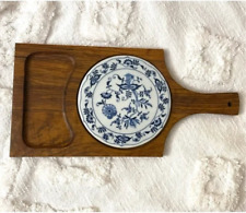 Gorgeous Vintage Wooden Cheese Appetizer Tray Attached Ceramic Plate picture