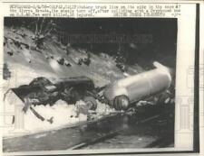 1958 Press Photo Butane Truck On Its Side In The Snow On U.S. 40 Near Colfax, Ca picture