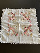 VINTAGE EMBROIDERED FLORAL TABLE Cover WITH CROCHETED LACE EDGING picture