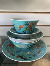 5 Pc Tea Bowl + Plate Saucer set Famille Verte Rose Turquoise Chinese Butterfly picture