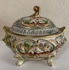 VTG Hand Painted Elpa Alcobaca Portugal Footed Bowl Lid Porcelain Trinket Box picture