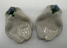 2 MA Hadley Pottery Stoneware Open Hands Soap Trinket Ring Dish Blue Flower picture