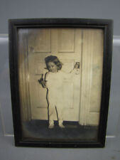 Vintage Framed Sepia Photograph Little Pajama Girl Walks w/ Candlestick picture