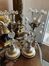 Antique Shabby Chic Hand Hammered SilverCast Iron Candlesticks with Glass Prisms picture