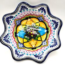 Vintage Talavera Hernandez Pue Mexico Signed Scalloped Plate Blue Yellow Green6