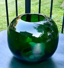 Vintage MCM Art Glass Ball Vase Hand Blown Forest Green Large Orb Vase 9”x 11.5” picture