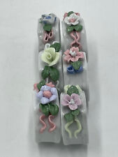 Set of 6 Vintage Porcelain Napkin Rings Applied Flowers White Multicolor New Box picture