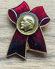 Vintage USSR Soviet Communist Lenin red and gold enamel ribbon bow pin picture