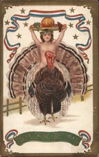 Men 1908 Man appearing to be naked sits on a large turkey holding a tray of food picture