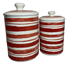 2 RED AND WHITE STRIPED 10 STRAWBERRY STREET CERAMIC LIDDED CANISTERS picture