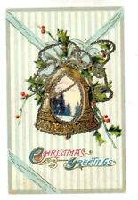 1907-15 Postcard Christmas Greetings Winter Scene Inset Bell Hollies Glitter picture