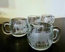 1970’s Retro Nescafe Nestle Coffee Mugs World Globe Etched Glass Set Of 4 picture