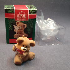 VINTAGE 1990 Hallmark Keepsake Ornament - Fuzzy Teddy Bear Holding Playing Cards picture