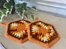 2 Vintage Burnt Orange & Brown Pot Holders Hot Plate Handmade Crocheted Boho picture