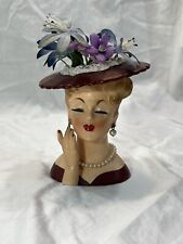 Napco Vintage 1958 LadyHead Vase C3343B - Burgundy Dress & Hat w/ Pearls Lashes picture