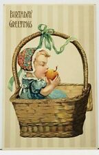 Birthday Baby In Basket Eating Apple Colorful Bonnet Millville Pa Postcard I20 picture