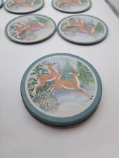 Vintage JSNY Coaster Set 6 Round Cork Deer Coasters With Tin 1970s picture