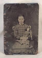 Antique Tintype Girl With China Head Doll Gold Tinting picture