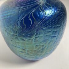 Orient & Flume Blue Iridescent Blue Crackle Green Feather Swirl Vase RARE 7