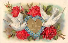 1909 Birthday PC=Doves by Gorgeous Red Roses & Heart Bordered by Forget-Me-Nots picture