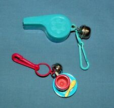 PAIR OF VINTAGE 1980'S PLASTIC CLIP-ON CHARMS - WHISTLE & CUP / PLATE / SPOON picture