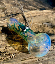 Frog On Tobacco Smoking Glass Pipe Bowl Agua Azul(handmade)Silver Fumed. picture