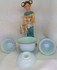 BEAUTIFUL 5 PIECE, TURQUOISE / TEAL TEA/SAKE SET SIGNED W/VINTAGE CHINESE DOLL picture