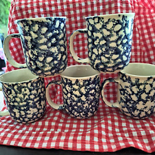 5 Blue Sponge Ware Folk Craft Tiensham Stoneware Farm Style Coffee Cups Mugs picture