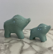 2 Japanese Blue-Green Celadon Glaze Boar Zodiac Ceramic Pottery Figurine Piggy picture