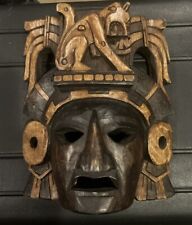 Hand Carved Wood Mayan Aztec Warrior Mask Quality Work 8 in x 7 in Cat Warrior picture