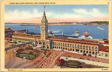 C.1938 San Francisco CA Ferry Building Trolley Ships California Postcard A514 picture