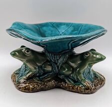 Vintage Majolica Frogs Under Lily Pad Pedestal Serving Bowl Lilypad Pottery  picture