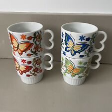 Vintage Butterfly Mugs Made In Japan Set Of 4 Retro Mod Stackable Coffee Tea picture