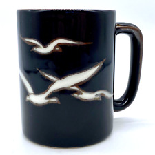 Vintage OTAGIRI Dark Brown Glazed COFFEE MUG Tea Cup Seagulls Birds Hand Painted picture