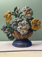 Antique Painted Cast Iron Pansy Flower Basket Bowl Doorstop *See Photos/Notes picture