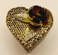 Vintage Heart Shaped Filigree Heart Shaped Metal Trinket Box with Rose Silver Co picture