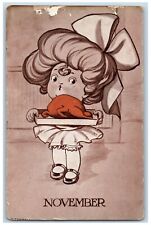 November Postcard Cute Little Girl Big Bow Grilled Chicken c1910's Antique picture