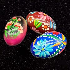 Folk Art Hand Painted Wooden Egg Set 3 pcs Wood Painted Flower Multicolor 2”W picture